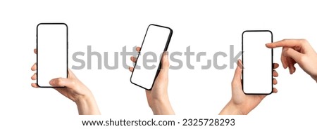 Mobile phone mockups set. Smartphone screen mock-ups in hand isolated on white. Royalty-Free Stock Photo #2325728293