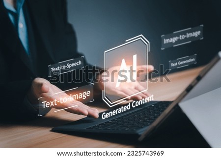 AI, Artificial Intelligence, AI generated content Concept Businessman Man using AI Art to generate image content. Text to image command prompt generates, technology Business, futuristic transformation Royalty-Free Stock Photo #2325743969