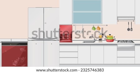 a kitchen sink with refrigerators, water purifiers, and pots Royalty-Free Stock Photo #2325746383