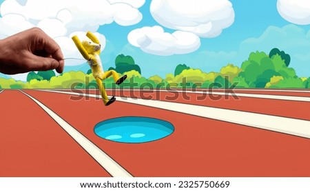 Hand holding with a wire a figure made by hand with plasticine jumping a puddle of water on an athletics track complying with the twelve principles of stop motion animation.