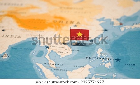The Flag of Vietnam on the World Map.