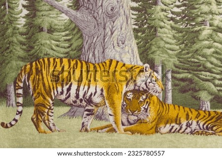 The background is a picture of a male and female tiger with a tree on the fabric, beautiful and elegant.