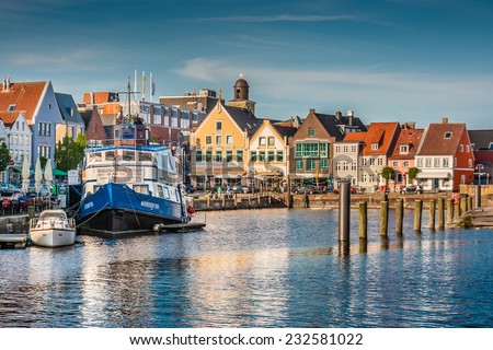 Beautiful view of the old town of Husum, the capital of Nordfriesland and birthplace of German writer Theodor Storm, in Schleswig-Holstein, Germany Royalty-Free Stock Photo #232581022