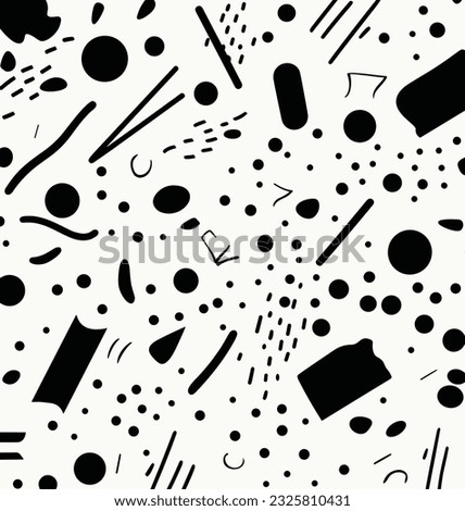 black and white pattern with different shapes, in the style of memphis design, confetti-like dots, simplistic characters, chaotic academia, creased, thin steel forms, primitivist style Royalty-Free Stock Photo #2325810431
