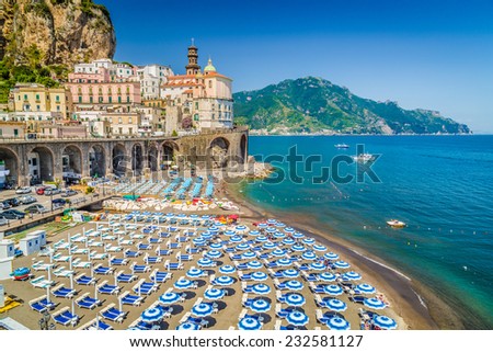 Scenic picture-postcard view of the beautiful town of Atrani at famous Amalfi Coast with Gulf of Salerno, Campania, Italy