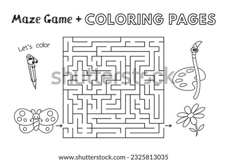 Cartoon butterfly maze game. Vector coloring book pages for children