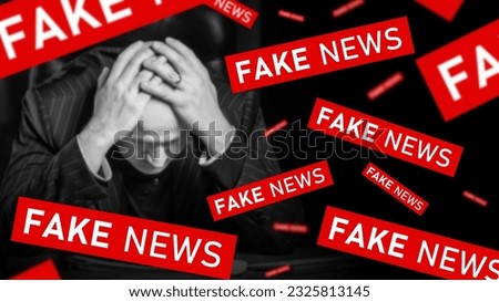 Fake news. Distorted man. Stress due to misinformation. Businessman heard fake news. Mental problems due to propaganda. Fake news logos around man. Disinformation in media. Falsehood in press Royalty-Free Stock Photo #2325813145