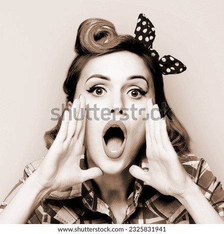 WOW! Portrait of woman holding her hands near wide open mouth and saying or shouting. Pin up girl yelling. Beauty model in retro grange vintage studio concept. Brown toned black and white photo