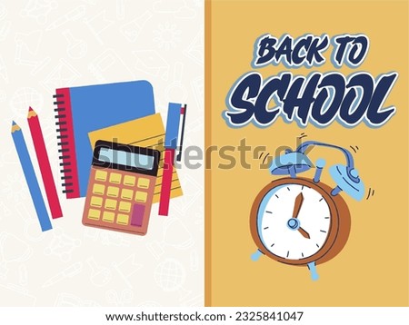 Back to school vector banner design with colorful school characters a, education items and space for text in a background. Vector illustration.