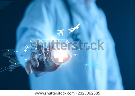 Medical tourism concept, Health tourism and international medical travel insurance. Medical Hub. Healthcare and medicine on global network. health tourism international, life insurance throughout trip Royalty-Free Stock Photo #2325862585