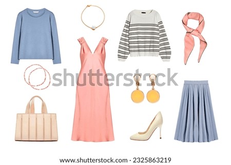 Beautiful female clothes set isolated.Women clothing,fashion garment collection. Elegant gir's apparel. Outfit. Royalty-Free Stock Photo #2325863219
