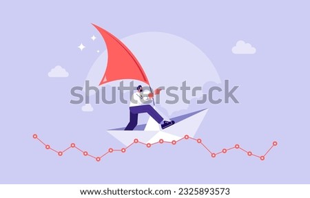 Leadership to success business, investment volatility metaphor, financial stock market fluctuation rising up and falling down concept, investors standing in paper boat on fluctuated market chart Royalty-Free Stock Photo #2325893573