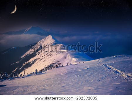 Beautiful night winter landscape in the mountains.