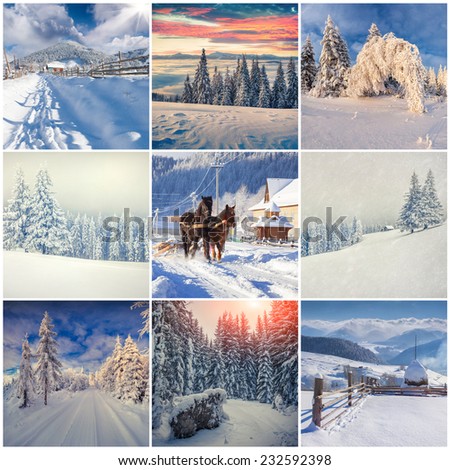 Winter collage with 9 square Christmas landscapes. Carpathian region, Ukraine, Europe.