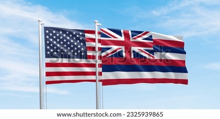 United States and Hawaii flags, two flags waving on beautiful sky background