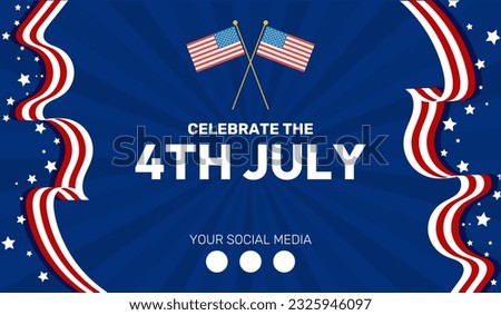 Happy Fourth july holiday in USA. American Independence Day greeting card, banner, poster with United States flag, stars and stripes. Patriotic calligraphy on blue background. Vector illustration
