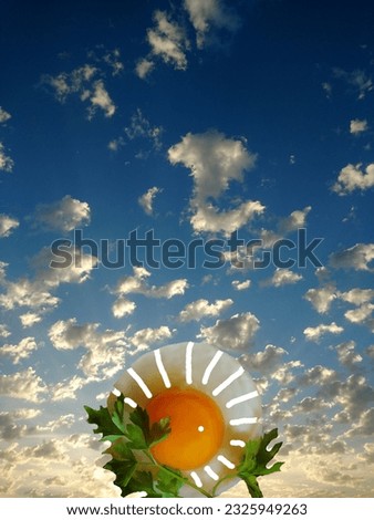Fried chicken egg with greens in the form of the sun against the background of the morning sky with clouds.