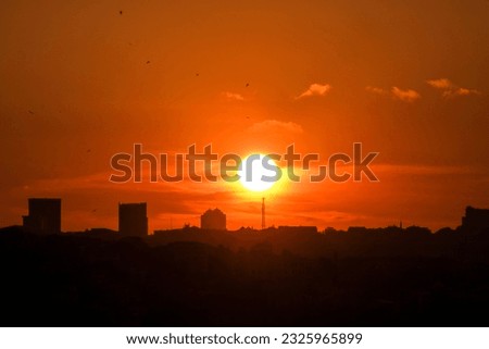 Golden hour sunset and sea with city background in Istanbul. Reverse light of mosque and sunset in istanbul silhouette. 