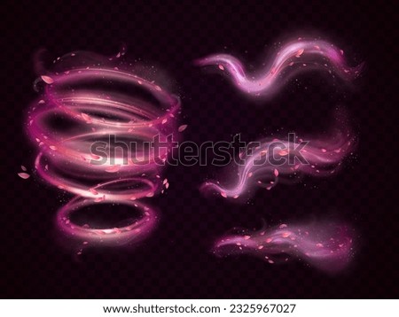 Realistic pink wind. Flying rose petals flower fragrance magic whirlwind of cherry tree blossom, fresh floral glitter air vortex falling petal, exact vector illustration of blossom falling floral Royalty-Free Stock Photo #2325967027