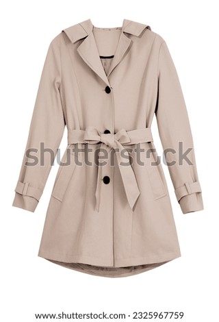 Beige female elegant  trench coat isolated on white.Women's trendy clothes. Royalty-Free Stock Photo #2325967759