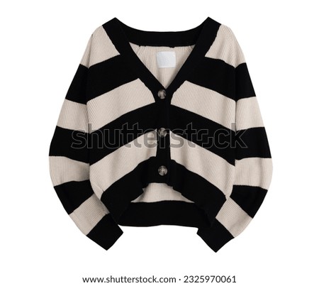 Knitted stripped women's cardigan. Trendy stylish fashion sweater isolated on white.Female textile.
