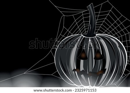 Halloween Jack o Lantern pumpkin squash in fog smoke and spider net on background. Black and white greeting, card, template, background, poster, holiday covers, banner