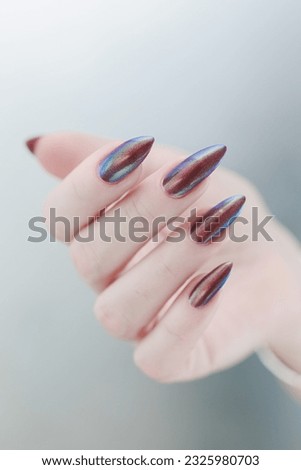 Beautiful woman's hand with long nails and multicolored nail polish
