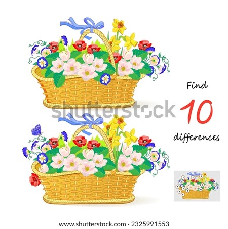 Find 10 differences. Illustration of a basket with spring flowers. Logic puzzle game for children and adults. Page for kids brain teaser book. Developing to counting skills. Vector drawing. Royalty-Free Stock Photo #2325991553