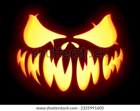 Halloween pumpkin glowing face on black background. Close up view of funny and scary pumpkin face with eyes and mouth. Design for party poster, invitation and greeting cards. Vector illustration Royalty-Free Stock Photo #2325991605
