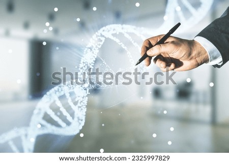 Double exposure of male hand with pen working with creative DNA hologram on blurred interior background. Bio Engineering and DNA Research concept