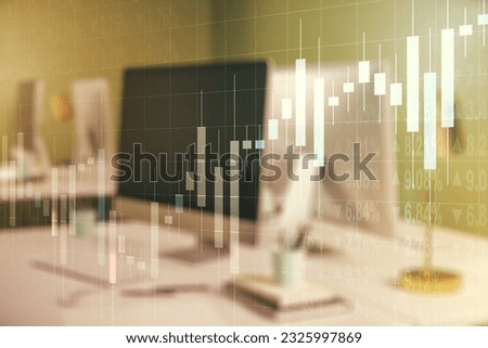 Abstract creative financial graph on modern laptop background, forex and investment concept. Multiexposure