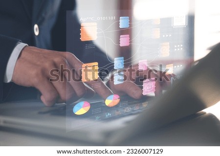 Businessman typing on laptop computer to document management online documentation database digital file storage system software records keeping database technology file access document data analysis