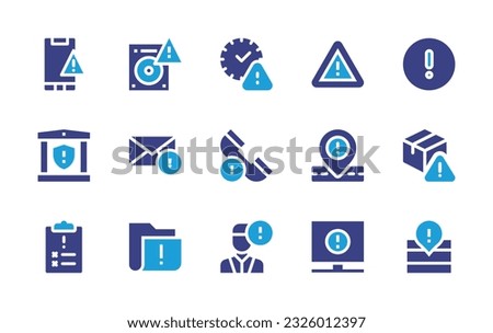 Exclamation mark icon set. Duotone color. Vector illustration. Containing caution, hard disk, expired, danger, warn, bank, mail, phone call, location, exclamation mark, clipboard, folder, user, alert. Royalty-Free Stock Photo #2326012397