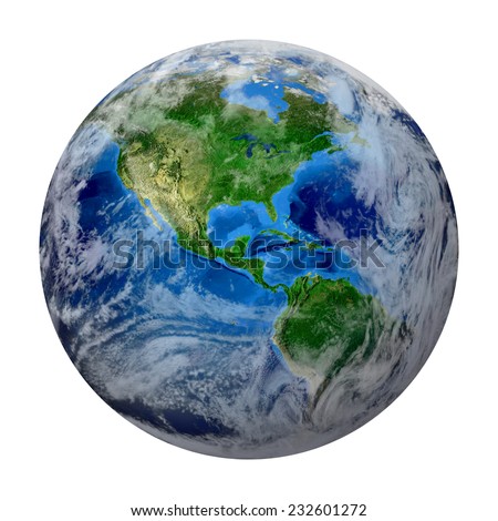 Blue Planet Earth with some clouds isolated in white. North and South America, USA path of global World. Photo realistic 3 D rendering with clipping path. Elements of this image furnished by NASA Royalty-Free Stock Photo #232601272