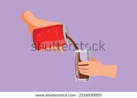 Cartoon flat style drawing of hand holding can of soda poured into glass. Male hand holding aluminium can isolated on blue background. Restaurant or cafe drink menu. Graphic design vector illustration