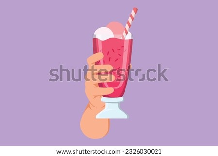 Character flat drawing of stylized human hand holds glass milkshake with whipped cream. Cold soft drink for summer. Sweet frozen beverage. Tasty and yummy fast food. Cartoon design vector illustration