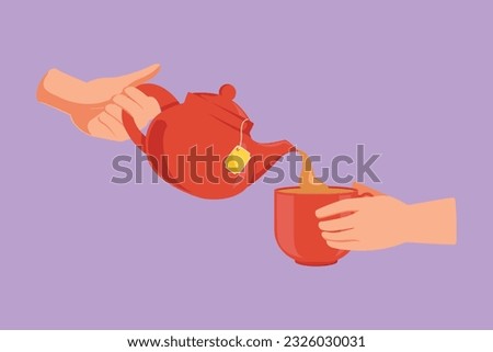 Graphic flat design drawing teapot pouring tea into cup. Woman pouring organic tea into ceramic cup with sand glass. Teapot, teacup logo, symbol. Breakfast concept. Cartoon style vector illustration Royalty-Free Stock Photo #2326030031