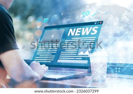 News updates, read news online with internet network at a cafe on holiday. Side view of man sitting and drinking coffee while following news on laptop Royalty-Free Stock Photo #2326037299