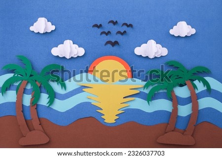 Morning landscape sea waves with sky and cloud made of paper cut. travel concept paper art background. Holiday summer.