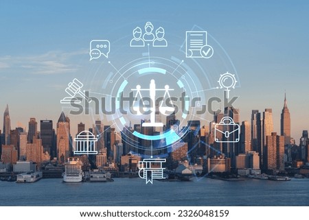 New York City skyline from New Jersey over Hudson River, Midtown Manhattan skyscrapers at sunset, USA. Glowing hologram legal icons. The concept of law, order, regulations and digital justice