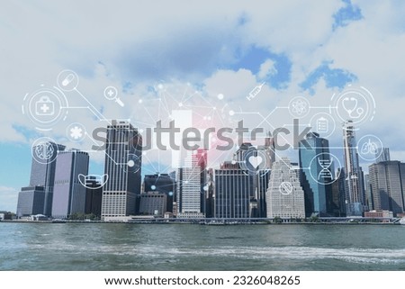 Skyline of New York City Financial Downtown Skyscrapers over East River from park, Dumbo at day time, Manhattan. Health care digital medicine hologram. The concept of treatment and disease prevention