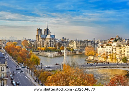 Scenic view of Notre-Dame de Paris with Saint-Louis and Cite islands on a bright fall day Royalty-Free Stock Photo #232604899