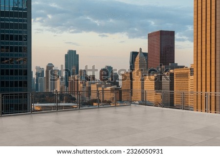 Skyscrapers Cityscape Downtown, Chicago Skyline Buildings. Beautiful Real Estate. Sunrise. Empty rooftop View. Success concept. Royalty-Free Stock Photo #2326050931