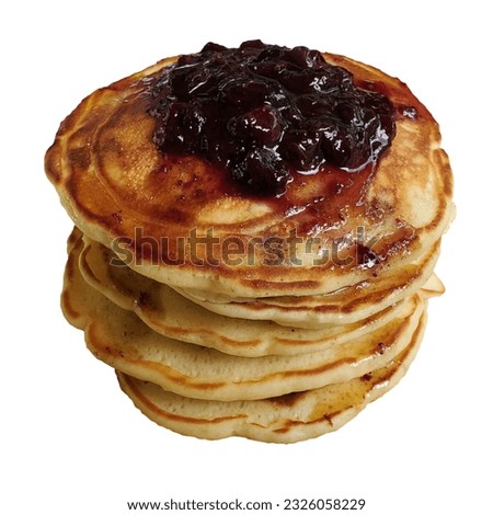  fresh blueberry pancakes with homemade jam and maple syrup