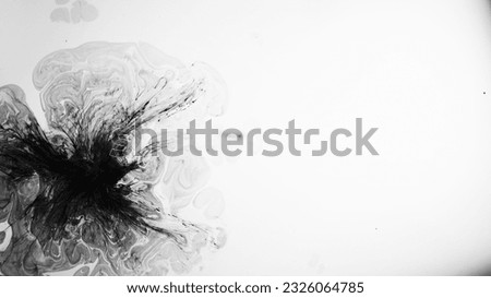 Black ink splatter. Liquid splash. Paint dash on white abstract illustration oil pattern floating spreading creative empty space background. Royalty-Free Stock Photo #2326064785