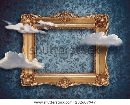 Retro gold frame and clouds. Surreal concept digital art