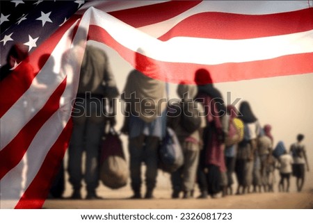 A group of migrants and flag of USA Royalty-Free Stock Photo #2326081723