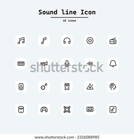 Simple Set of Music Related Vector Line Icons. Contains such Icons as a Guitar, Treble Clef, In-ear Headphones, Trumpet, and more. Collection ui icons with squircle shape. Web Page, Mobile App, UI, UX