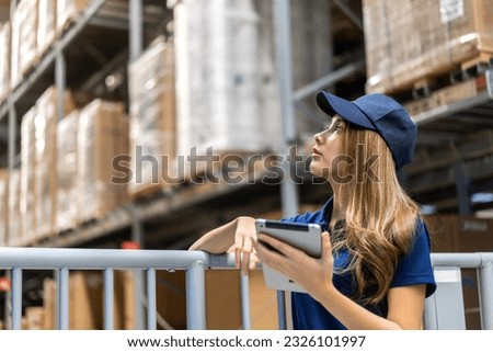 Portrait asian businesswoman shipping order detail on tablet check goods and supplies on shelves with goods background inventory in factory warehouse.logistic industry and business import export