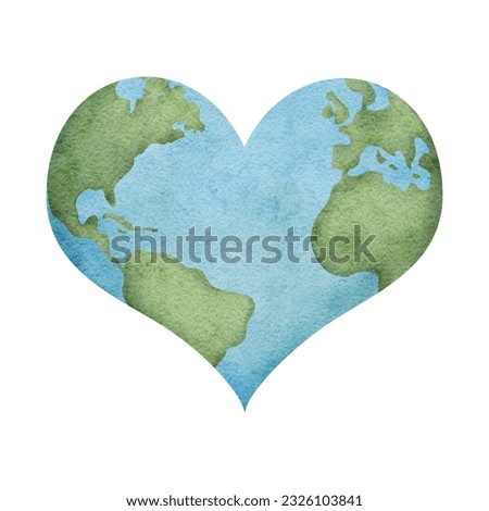 Planet Earth in the shape of a heart. Symbol of life, nature, foundation, ecology, international events. Around world. Watercolor hand drawn illustration Earth globe. Clip art element for design